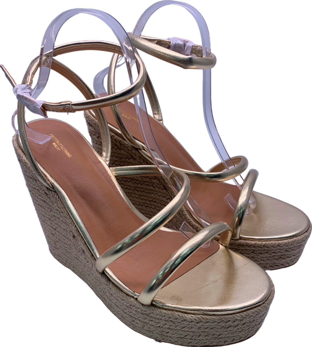 PrettyLittleThing Gold Wide Fit PU Round Toe Asymmetric Strap Platform Heels UK 6