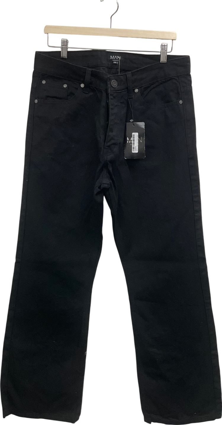 boohooMan Black Relaxed Rigid Coated Flare Jeans W34