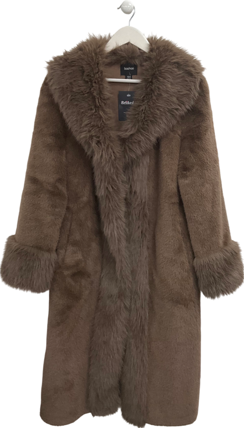 boohoo Brown Faux Fur Long Line Coat UK 10