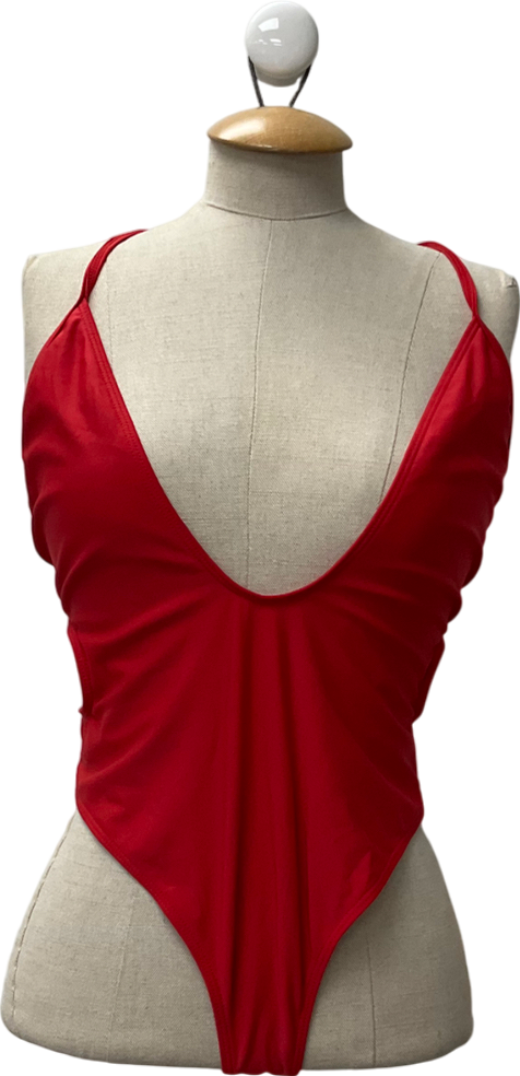 PrettyLittleThing Red Plunge Tie Back Swimsuit UK 14
