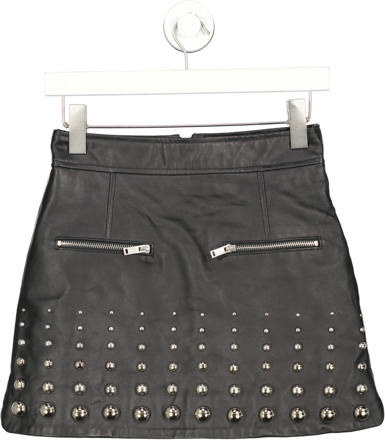 Karen Millen Black Leather Graduating Dome Stud Zip Through Mini Skirt UK 8