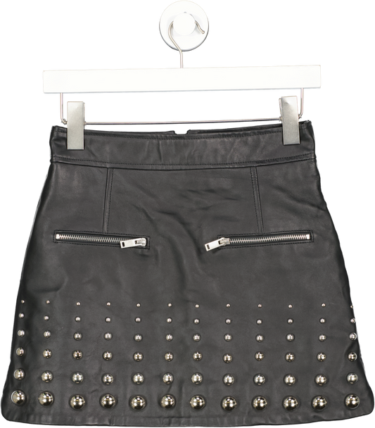 Karen Millen Black Leather Graduating Dome Stud Zip Through Mini Skirt UK 8