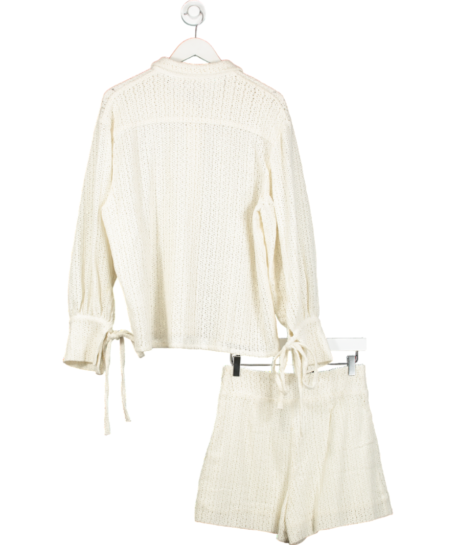 theALMOND White Crochet Collard Long Sleeve Top With Matching Shorts Set UK S/M