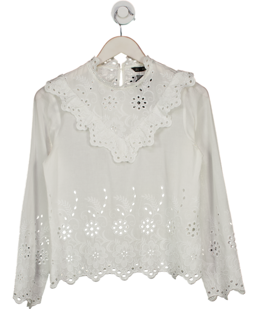 ZARA White Cootn Broderie Lace High Neck Blouse UK S