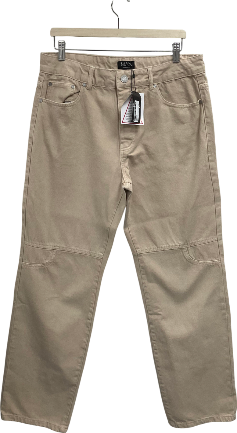 boohooMan Beige Relaxed Fit Overdyed Panel Jeans W34
