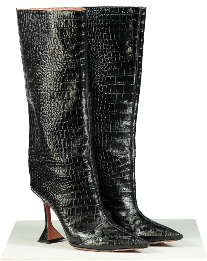 Amina Muaddi Black Croc-Embossed Leather Boots UK 7