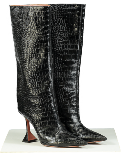 Amina Muaddi Black Croc-Embossed Leather Boots UK 7