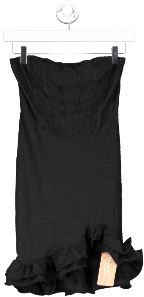 SHEIN Black Strapless Ruffle Hem Dress UK XS