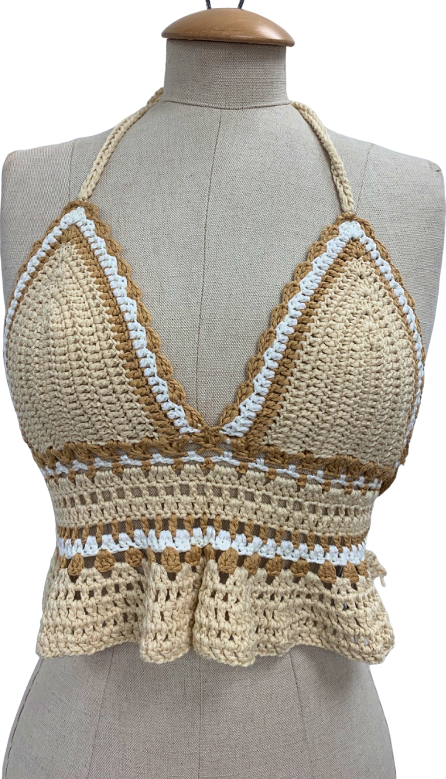 Jewel Boutique Beige & White Crochet Halterneck Top UK S