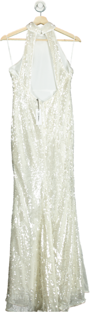 Karen Millen White Sequin Rosette Halter Woven Maxi Dress UK 6