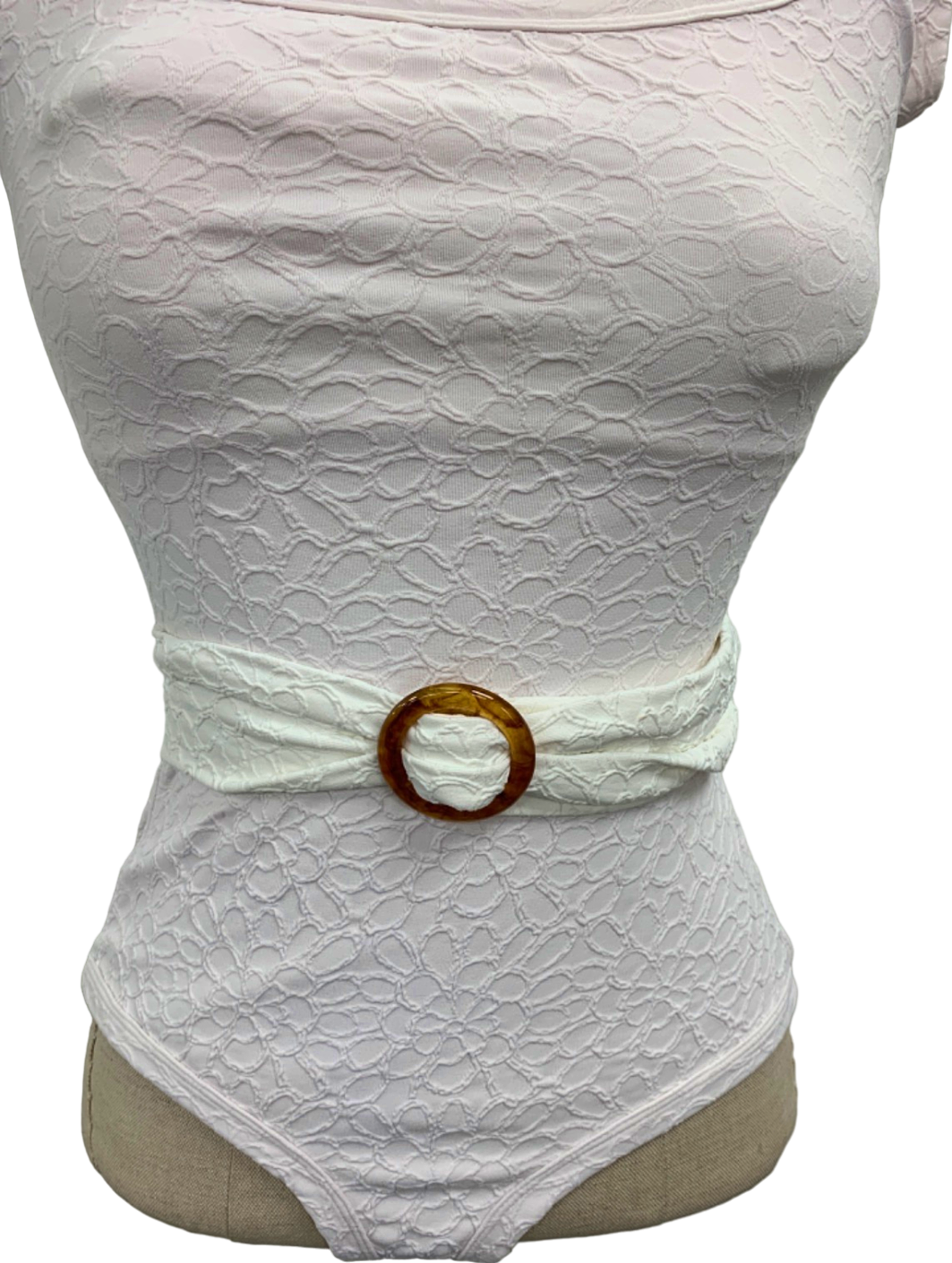 Peony White Embroidered Swimsuit with Belt UK 8