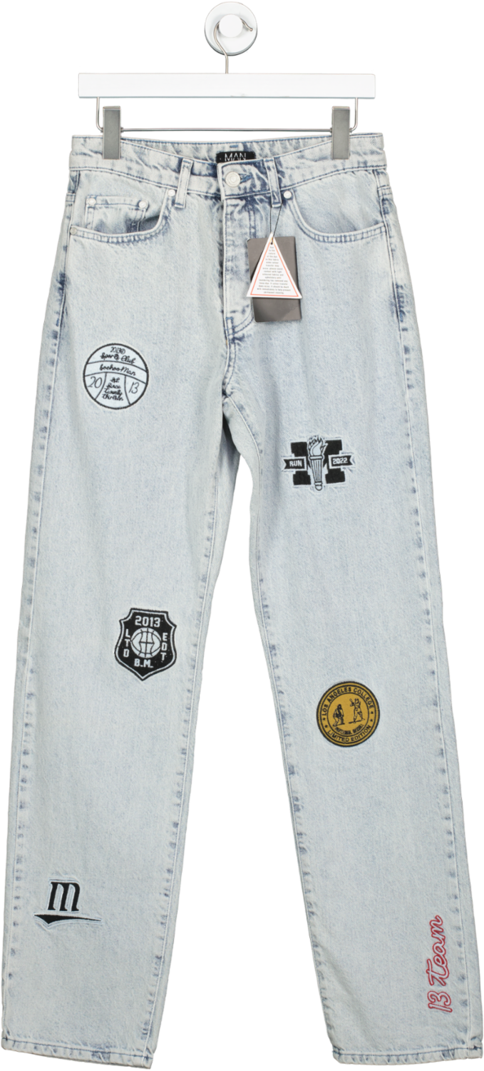 boohooMan Ice Blue Relaxed Fit Patchwork Jeans W30