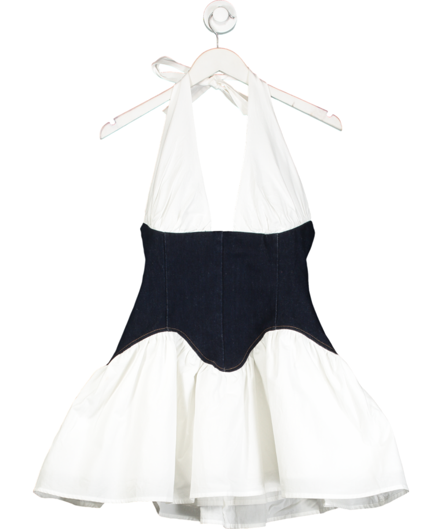 Meshki White Denim Cotton Mini Dress - Indigo Blue UK XS