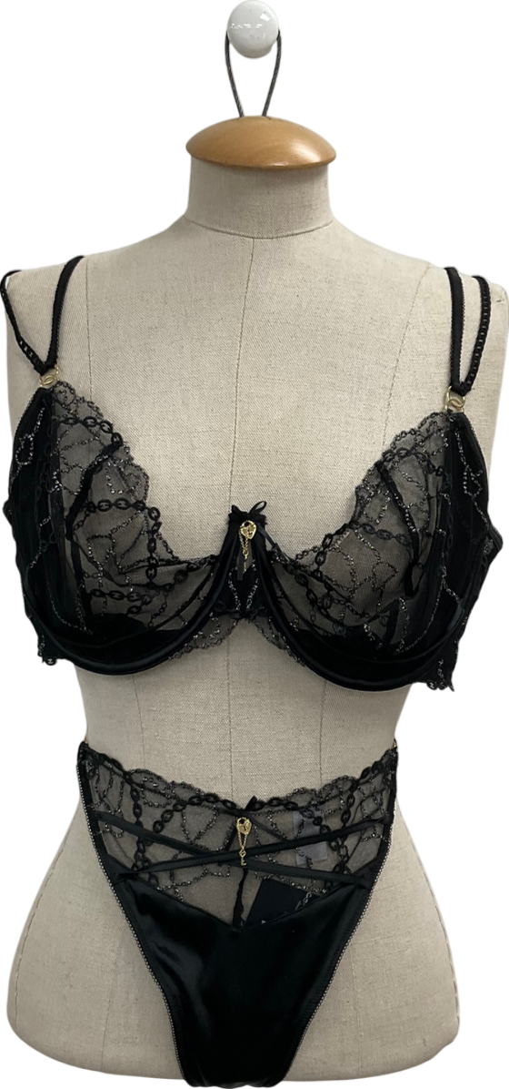 Lounge Underwear Black Vida Bra And Thong Set UK 38F