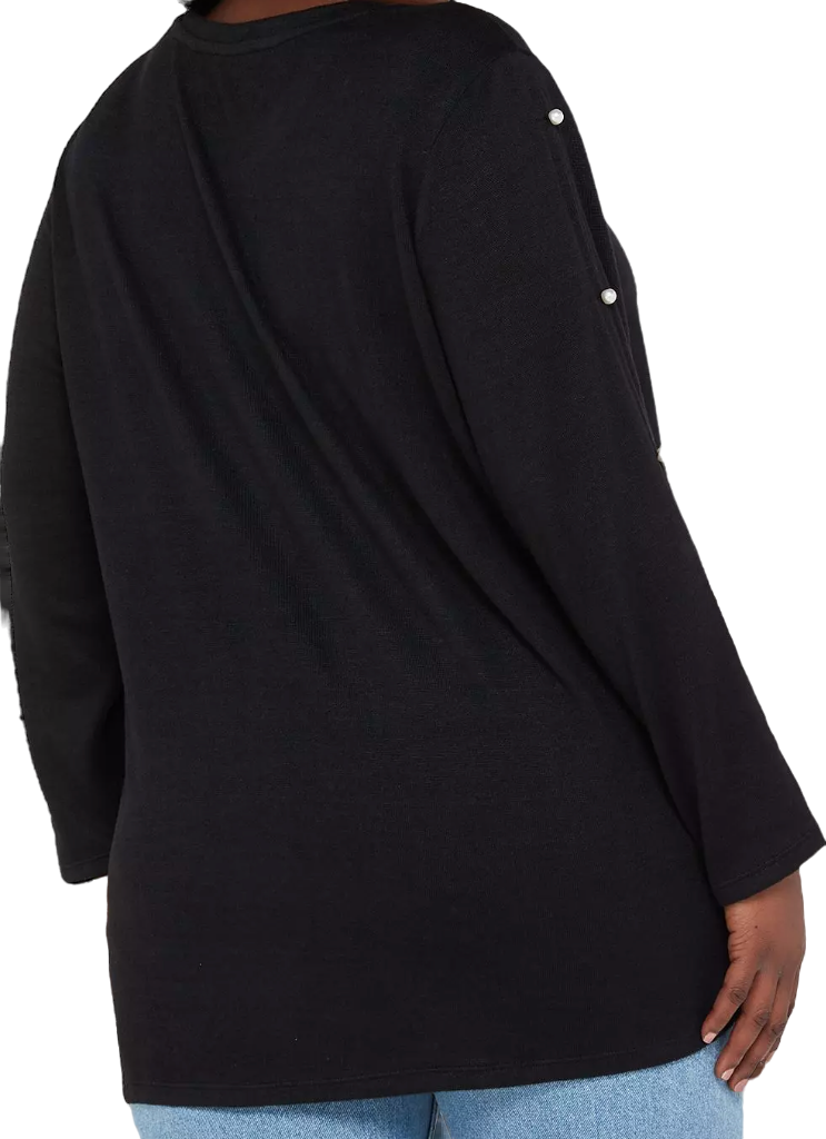V by Very Curve Crew Neck Pearl embellished Sleeve Detail Top - Black UK 14