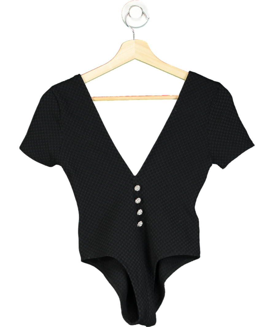 leslie amon Black Short Sleeve Textured Bodysuit With Dominate Jewels UK S