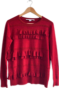 Diane von Furstenberg Dark Red Merino Wool / Viscose  Blend Ruffled Crew Neck Jumper UK S