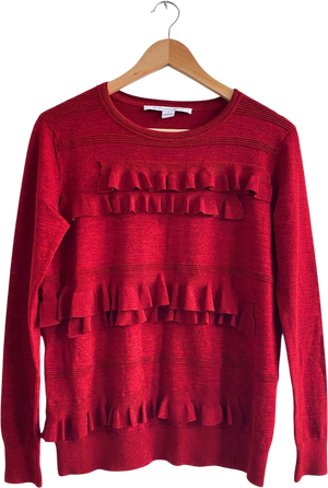 Diane von Furstenberg Dark Red Merino Wool / Viscose  Blend Ruffled Crew Neck Jumper UK S