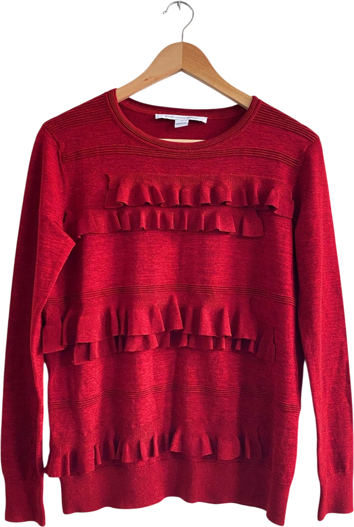 Diane von Furstenberg Dark Red Merino Wool / Viscose  Blend Ruffled Crew Neck Jumper UK S