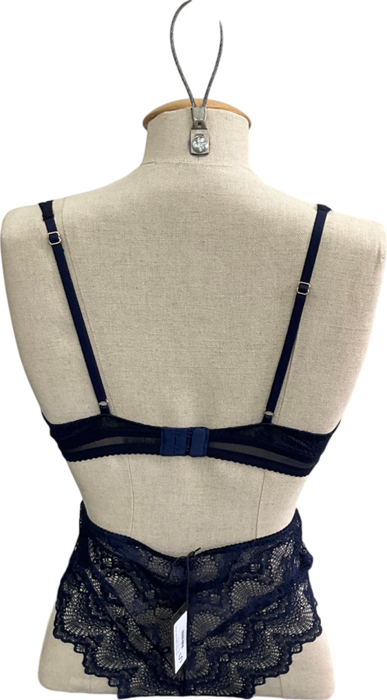 Understatement Blue Lace Mesh High Waisted Briefs And Plunge Bralette UK S