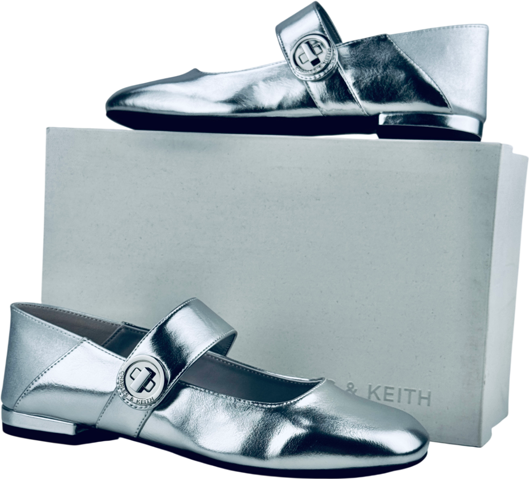CHARLES & KEITH Metallic Silver Yara Mary Jane Flats UK 4 EU 37 👠