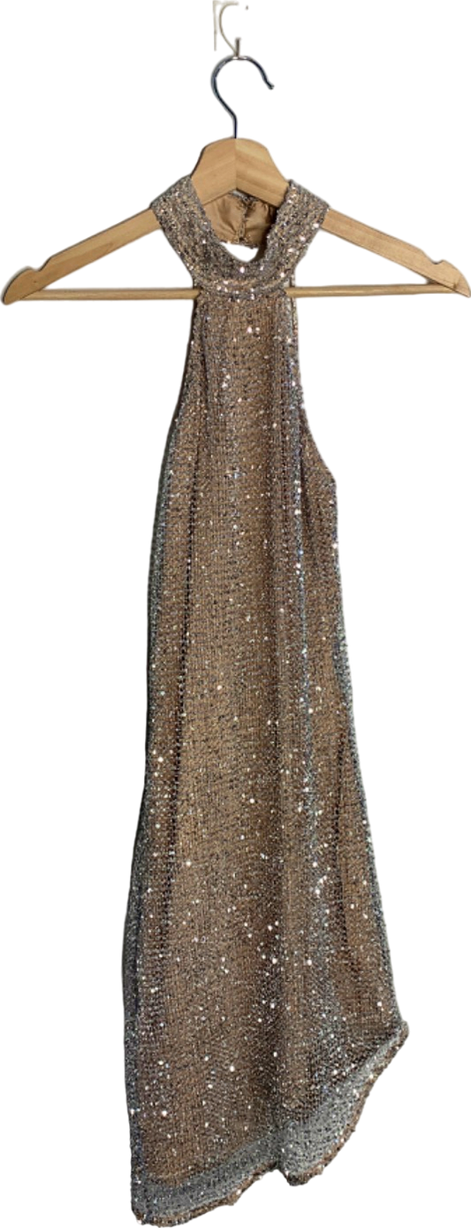 Fashion Nova Gold Sequin Halter Mini Dress XS