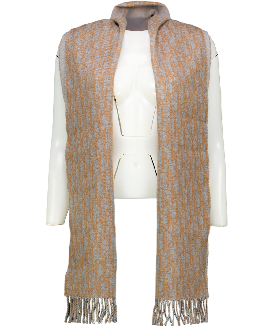 Dior Oblique Double-sided Scarf Grey And Brown Wool And Cashmere