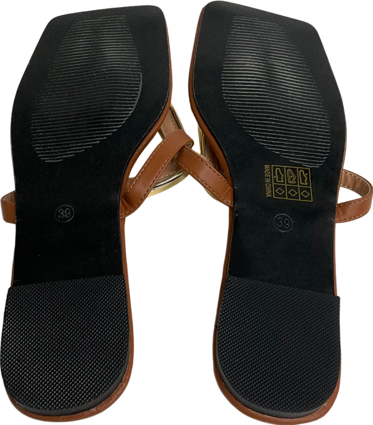 Brown Square Toe Flip Flops, Summer Outdoor Fashion Casual Flat Thong Sandals With Golden Plastic Buckle UK 6 EU 39 👠