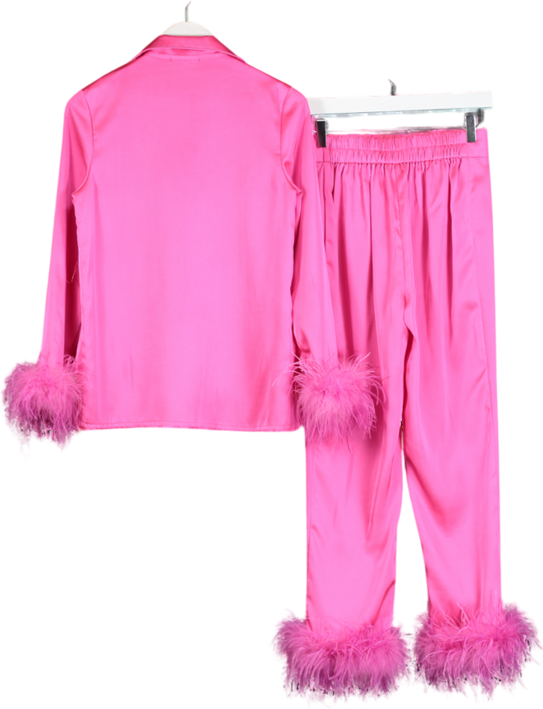 Nadine Merabi Pink Darcie Satin Feather Trim Pyjamas With Crystal Buttons UK S