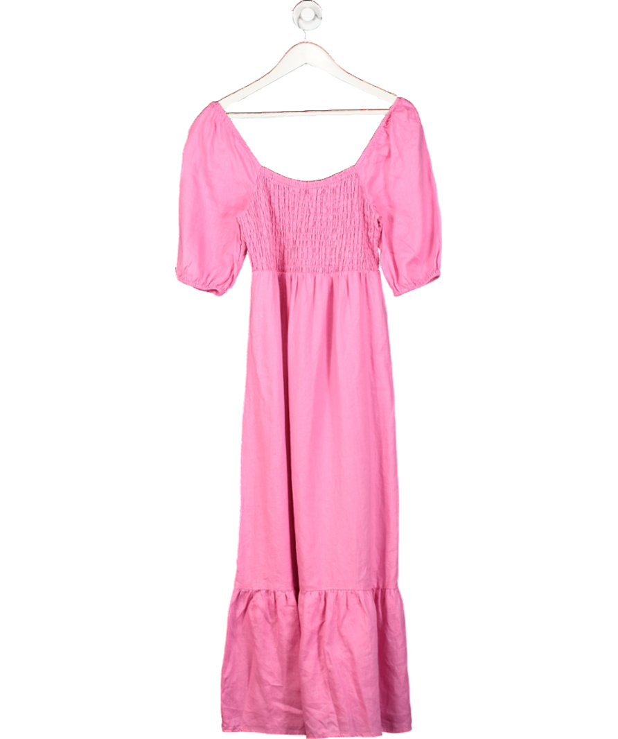 Mint Velvet Pink Puff Sleeve Linen Midi Dress - Brightpink UK 10