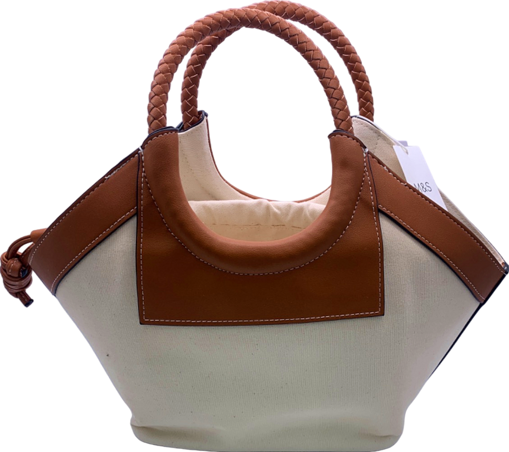 M&S Tan and Cream Woven Handle Tote Bag