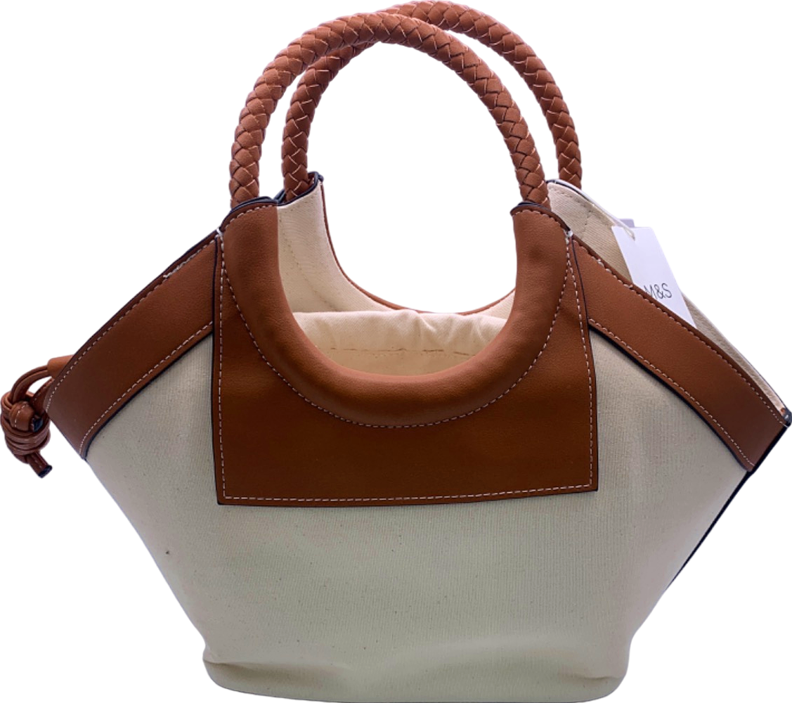 M&S Tan and Cream Woven Handle Tote Bag
