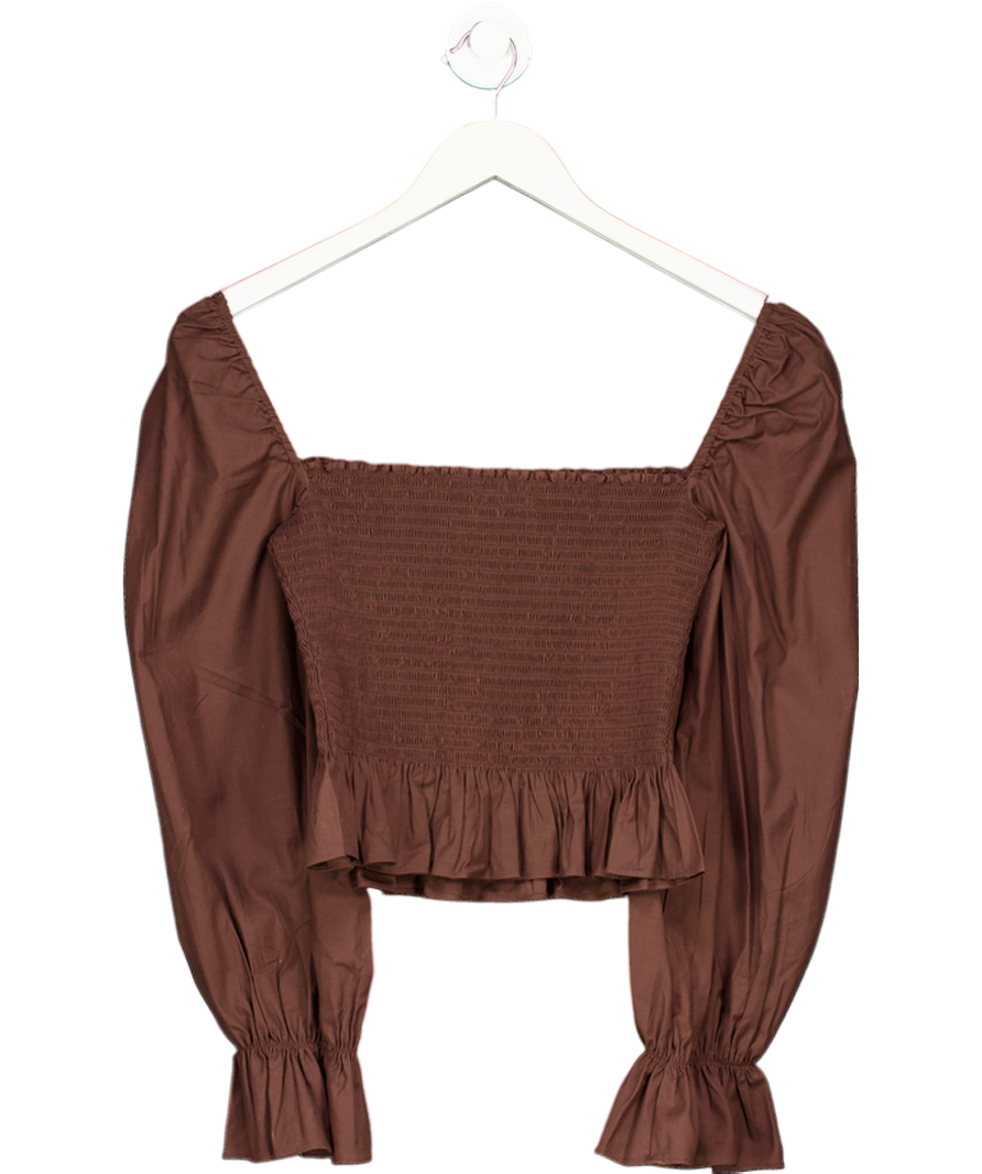 Reformation Brown Darby Shirred Stretch Organic Cotton-poplin Top UK XS