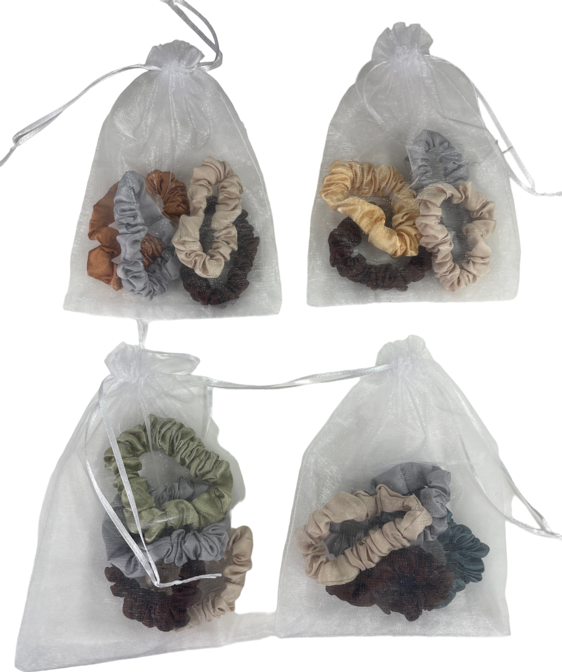 Multicoloured Set Of 4 Neutral Satin Hair Scrunchies In Tulle Gift Bag