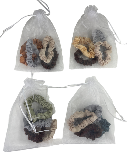 Multicoloured Set Of 4 Neutral Satin Hair Scrunchies In Tulle Gift Bag