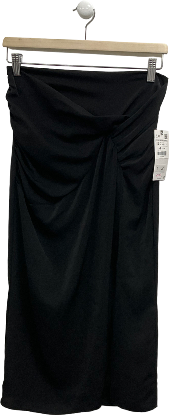 ZARA Black Ruched Midi Skirt UK S
