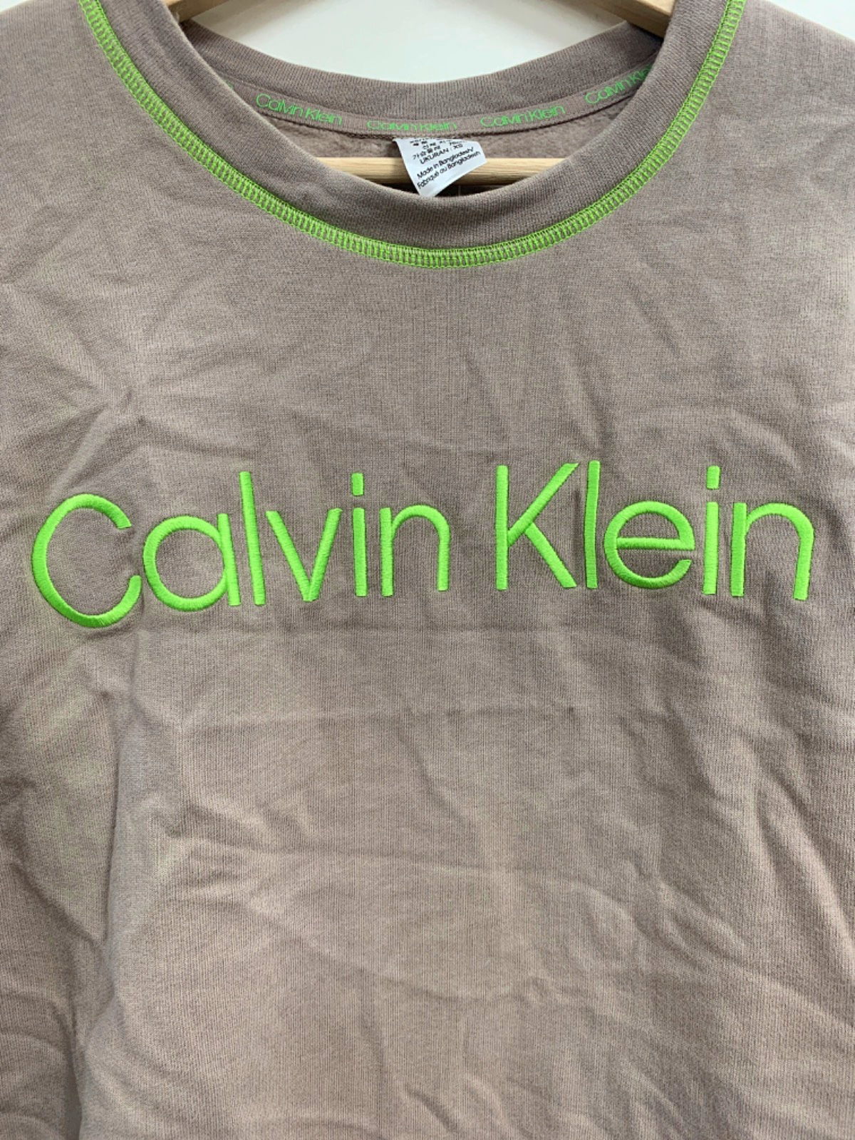 Calvin Klein Taupe/Neon Green Crew Neck Sweatshirt UK XS