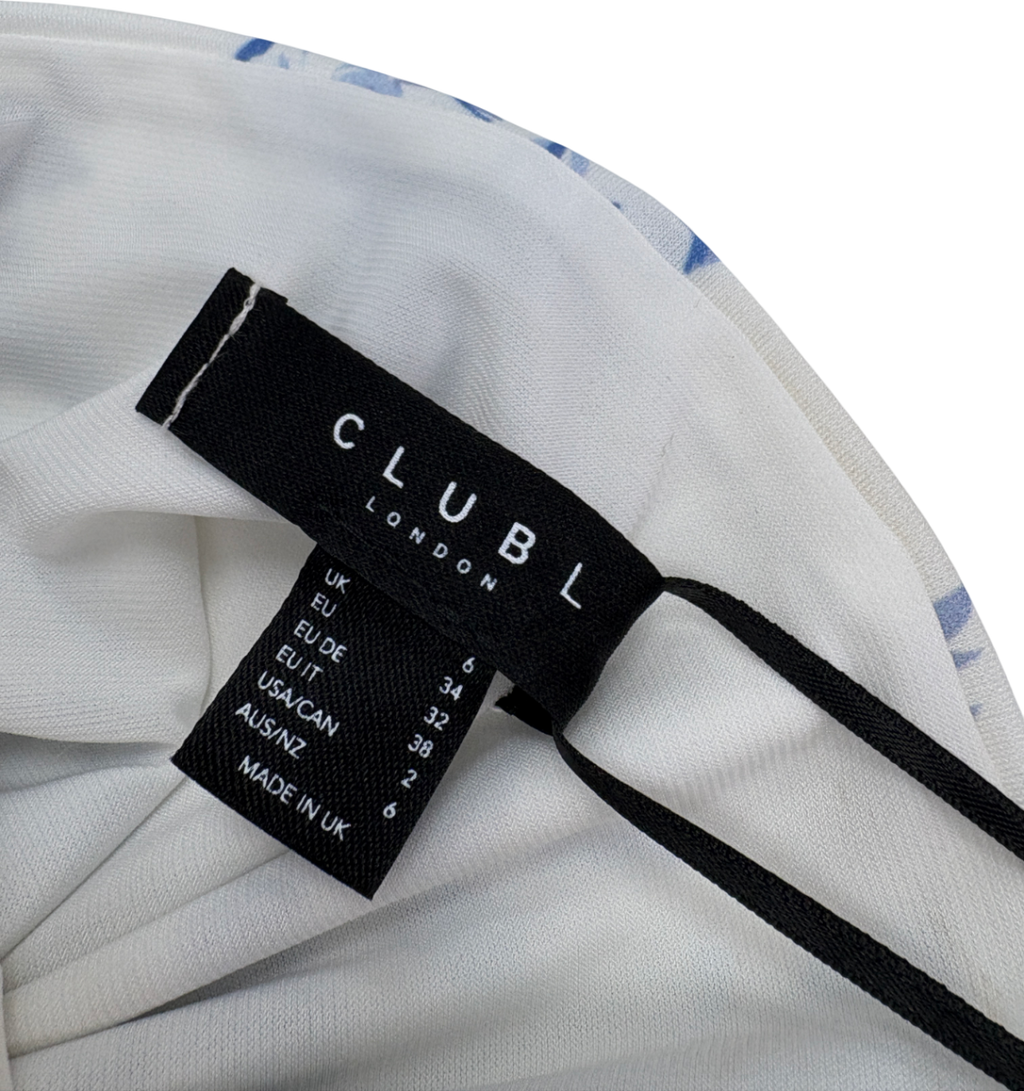 Club L White Callie Porcelain Print Bandeau Fishtail Maxi Dress UK 6