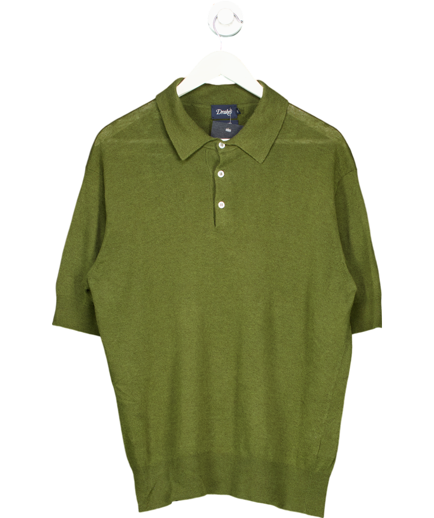 Drake's Green Knitted Linen Cotton Short Sleeve Polo Shirt UK M