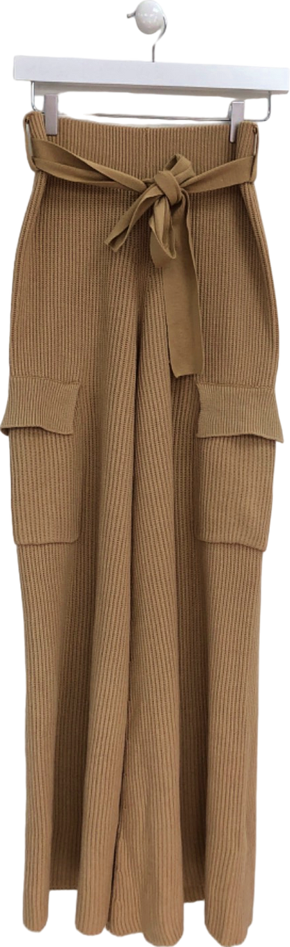 House of CB Camel Ribbed Knit Wide Leg Trousers UK M