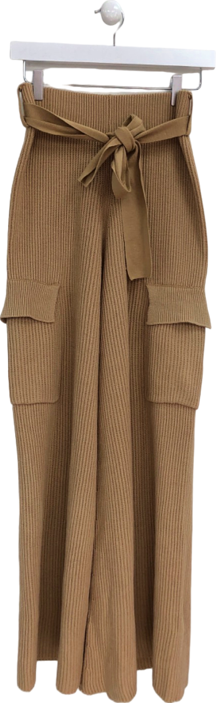 House of CB Camel Ribbed Knit Wide Leg Trousers UK M