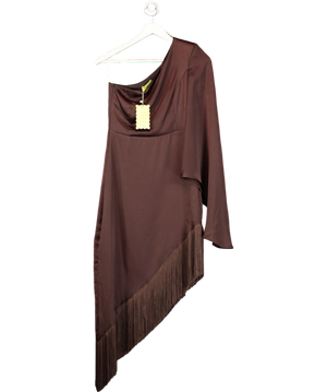 Lady Pippa Brown Asymmetric Satin Dress With Fringe Trim UK XS