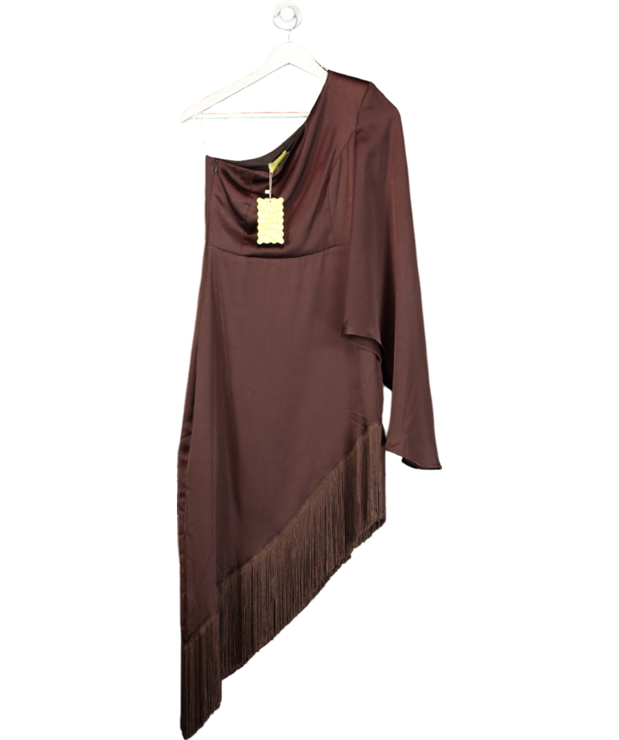 Lady Pippa Brown Asymmetric Satin Dress With Fringe Trim UK XS