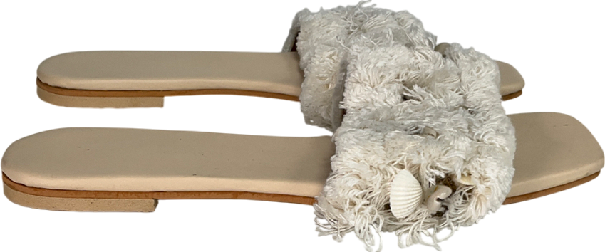 Beige Fluffy Backless Sandals With Shell Detailing UK 4 EU 37 👠