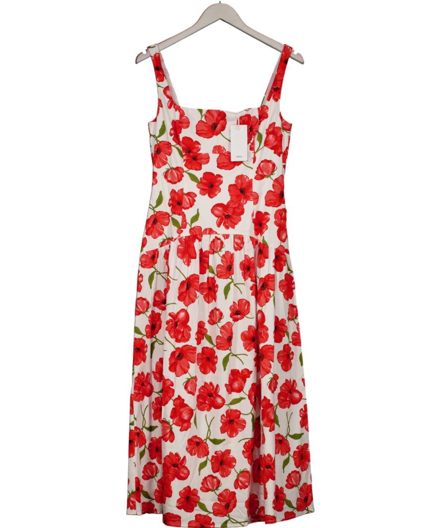 MANGO White Poppy Print Midi Dress UK M