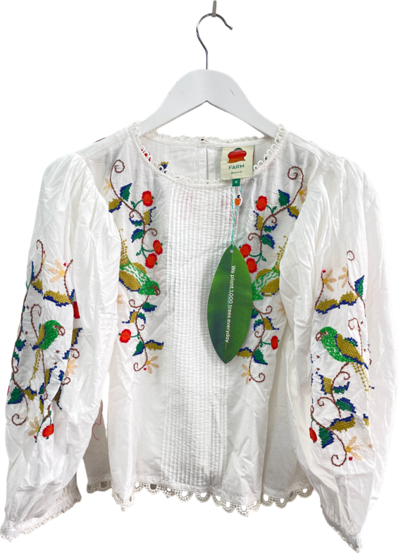 FARM RIO Pitanga Embroidered Billowy-sleeve Blouse - Off White UK L