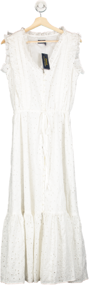 Ralph Lauren White Ruffle-trim Eyelet Linen Dress Sz 8 UK 12