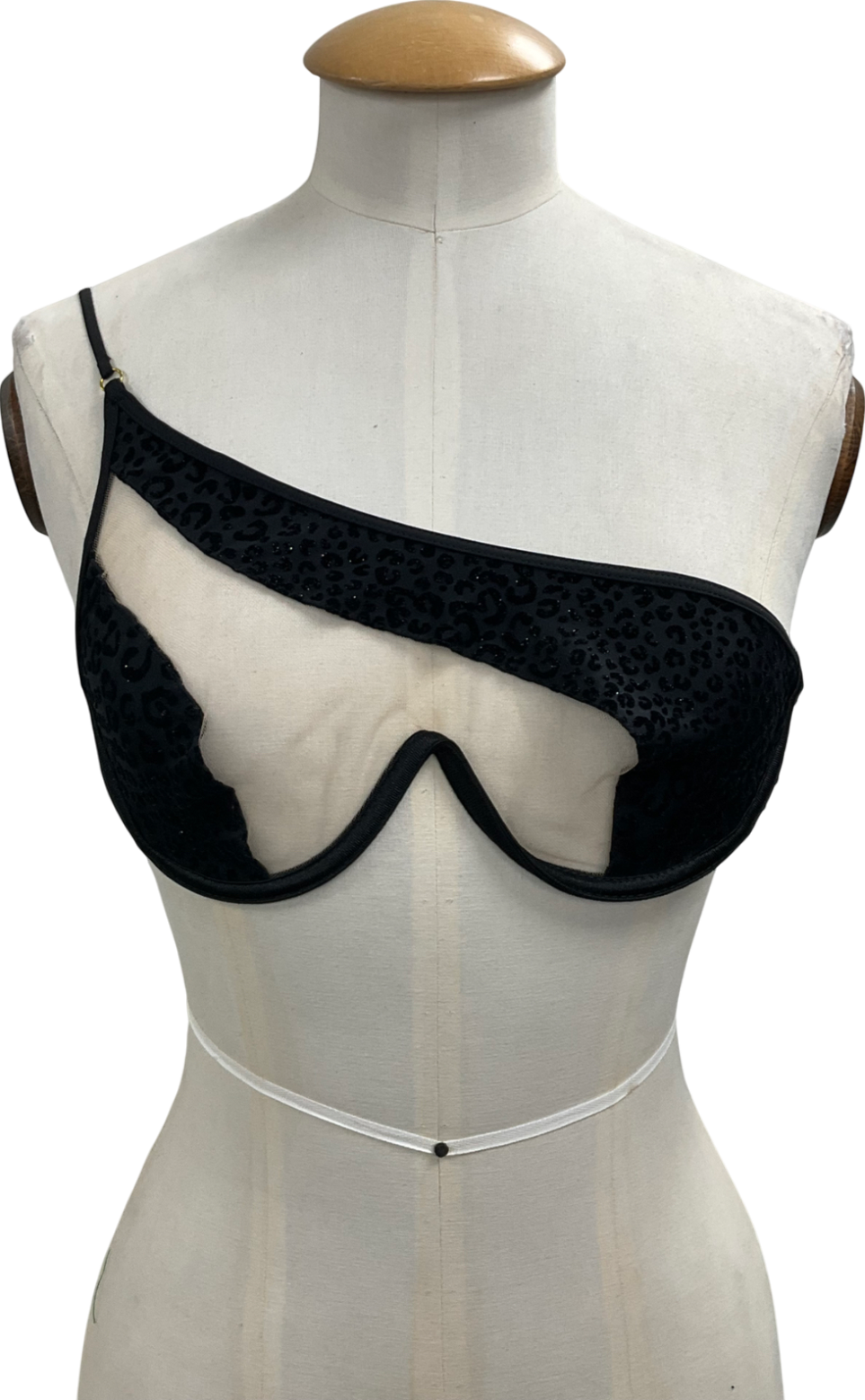 God Saves Queens Black Animal And Mesh One Shoulder Bralette UK S