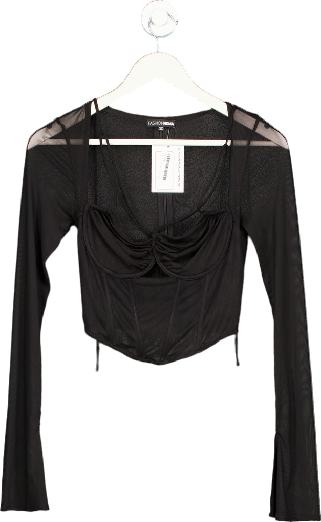 Fashion Nova Black Sheer Ruched Corset Top UK S
