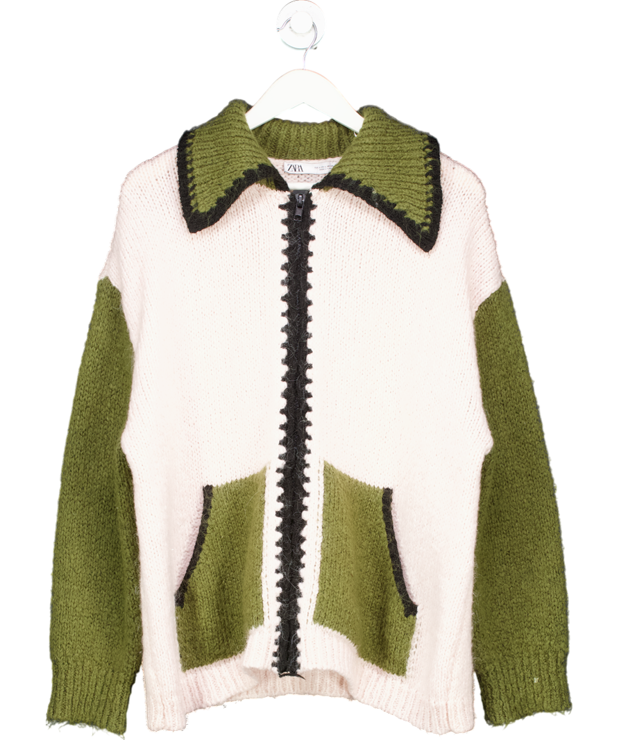 ZARA Green Combination Knit Zip-up Sweater UK L
